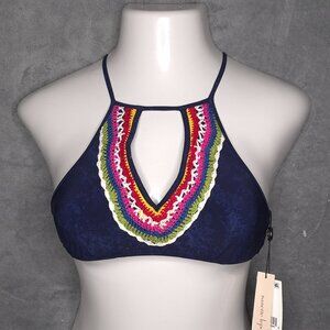 Nanette Lepore Swim XS Navy Crochet Trim Halter Bikini Top Adjustable Back Ties